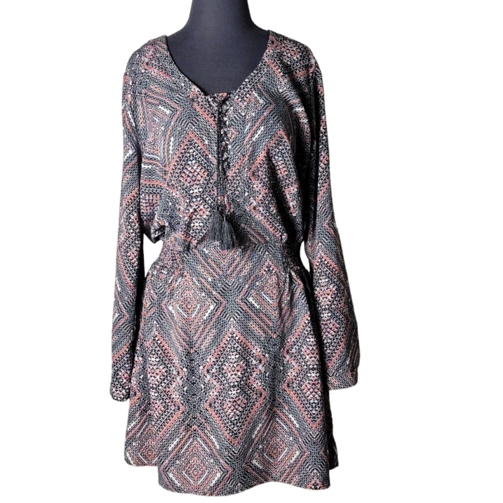 Pixley Bennie geometric print shirt dress large tassel tie long sleeve boho